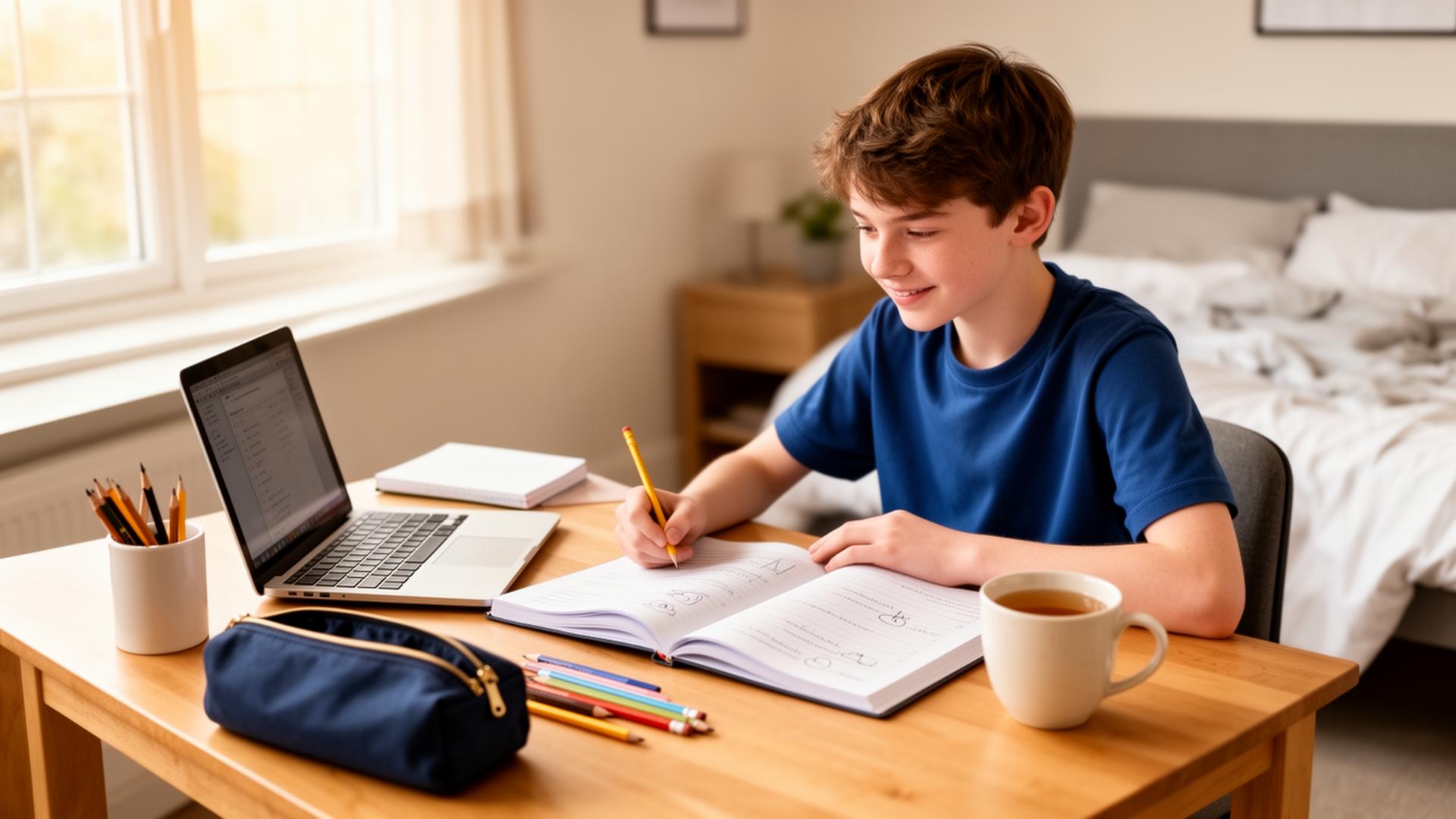 A UK secondary school student working through homework at a tidy desk