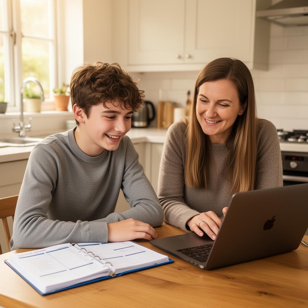 A parent and teenager looking together at homework on a laptop